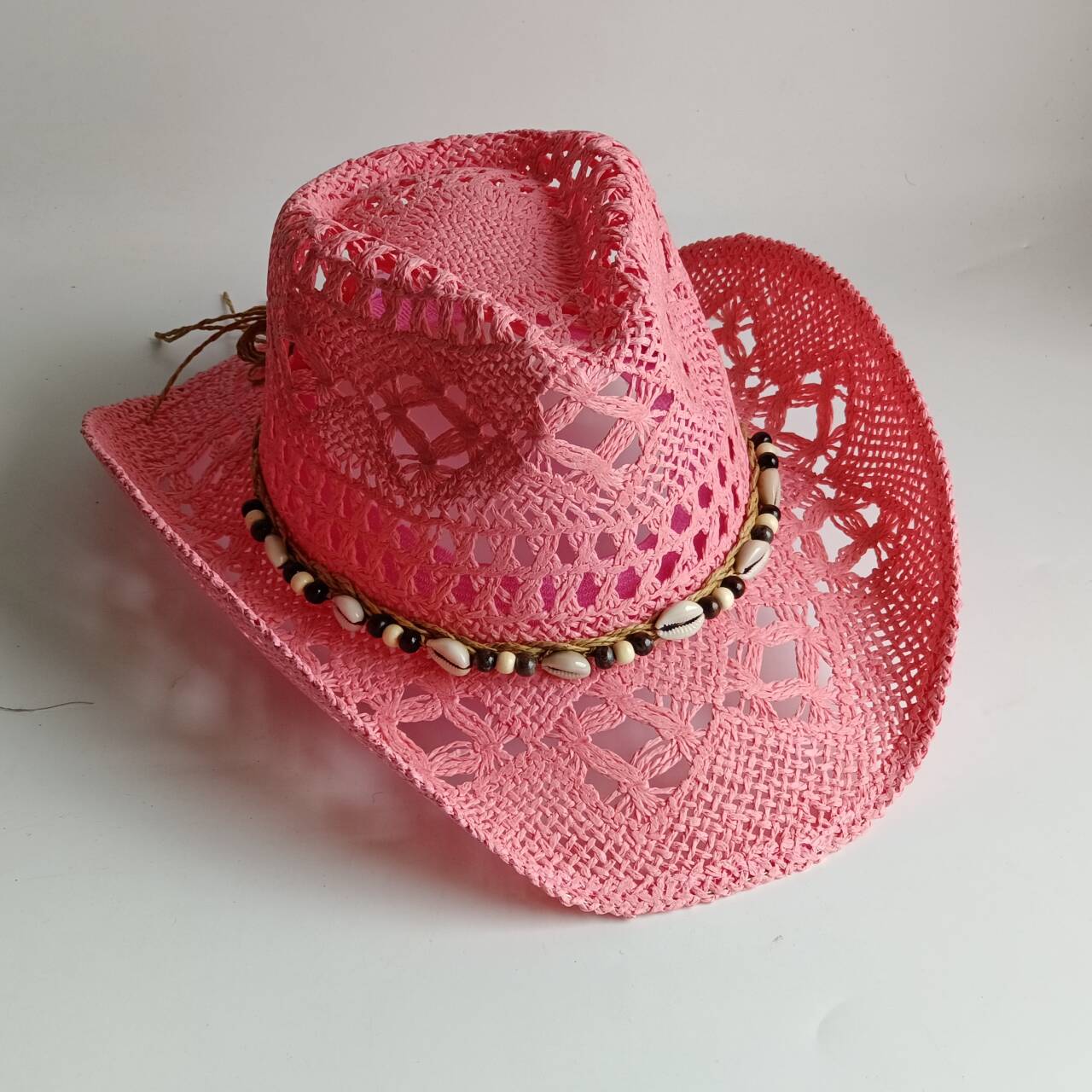 Paper Straw Color - Topi jerami koboi warna pink, topi